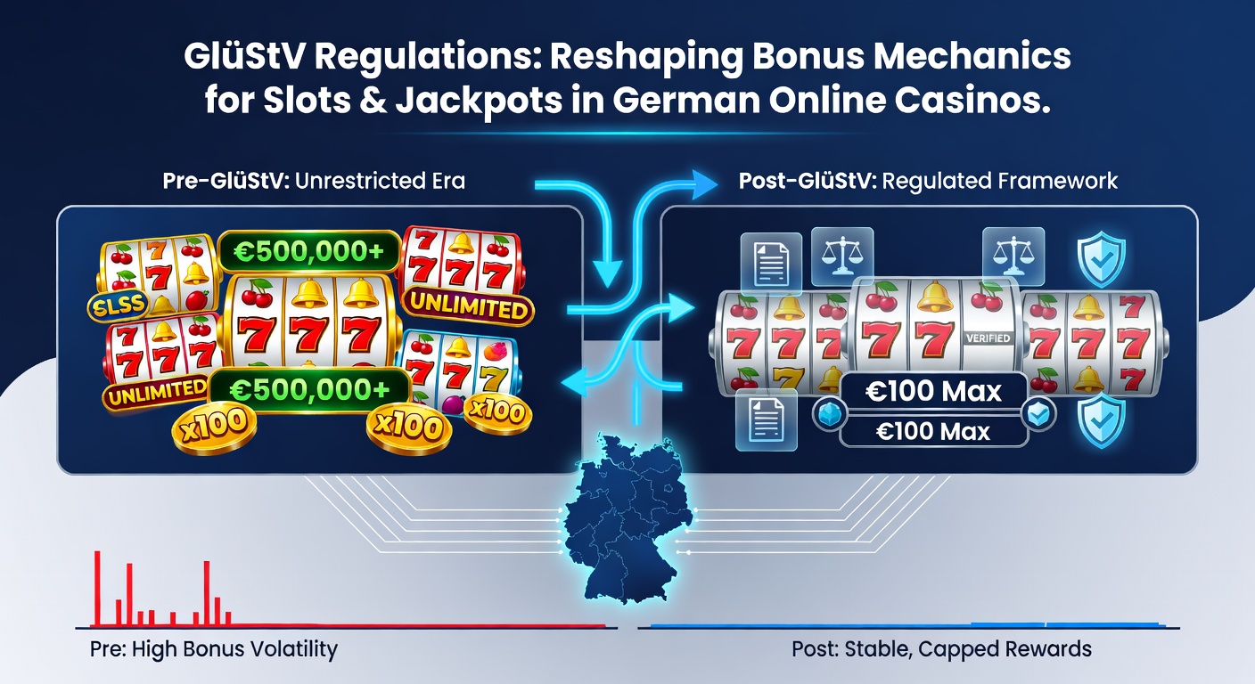 Grafik zur Entwicklung von Jackpot-Größen und Bonusumsätzen in deutschen Online-Casinos seit Einführung der GlüStV, mit Balkendiagrammen und Zeitachse